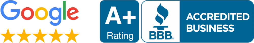 5 stars on Google. BBB A+ rating, Accredited Business